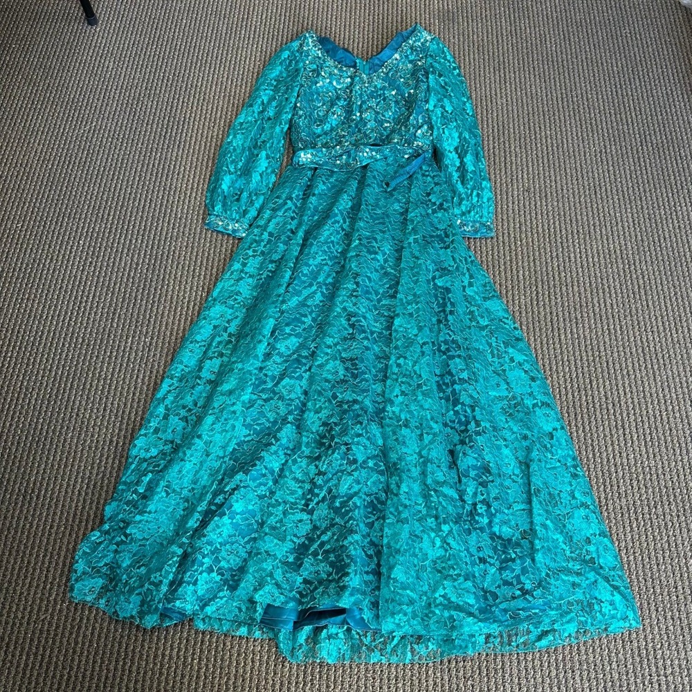 Vintage Gown Womens Size S Teal Floral Lace Sequin Long Sleeve Formal Maxi Dress